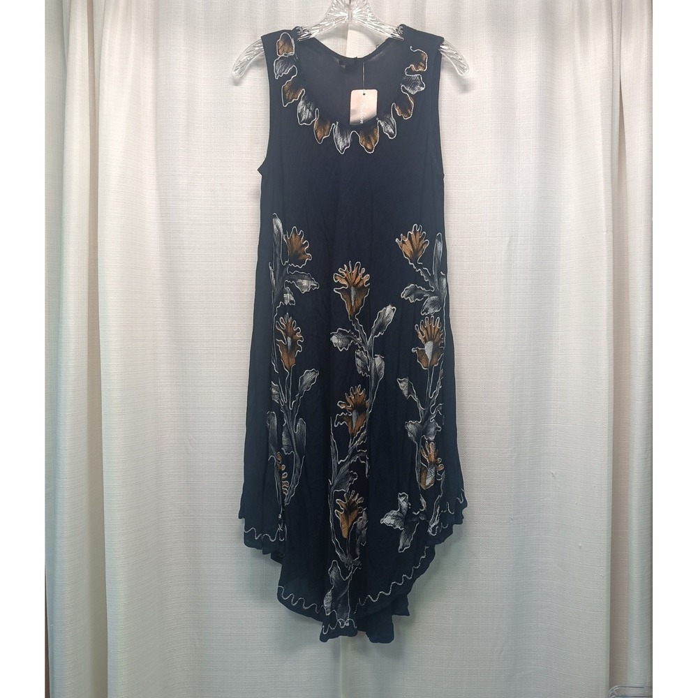 Fashion Force Navy Blue Floral Embroidered Handkerchief Hem Midi Dress One Size